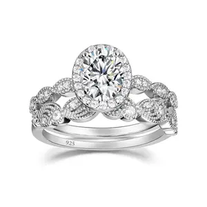 EAMTI Sterling Silver Oval CZ Bridal Set - 1.5CT Cubic Zirconia Engagement & Eternity Wedding Rings for Women
