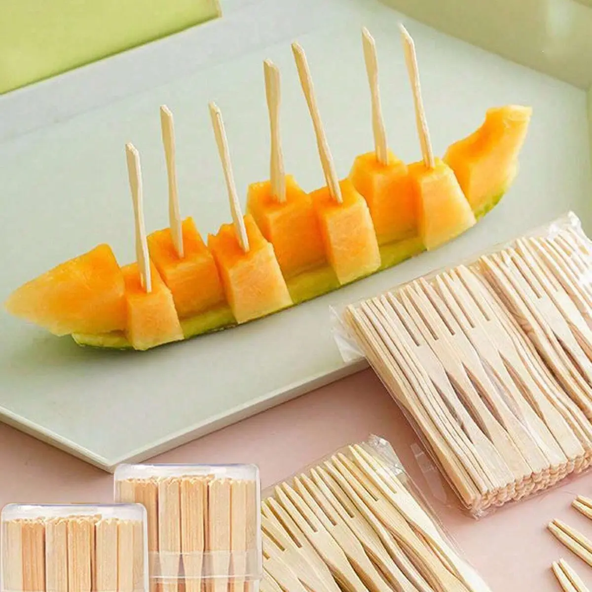 100pcs Bamboo Appetizer Forks, Fruit Forks, Dessert Forks, Home Use, Disposable Eating Utensils, Wedding Party Supplies, Individual Bamboo Sticks, Kitchen Utensils, Pack