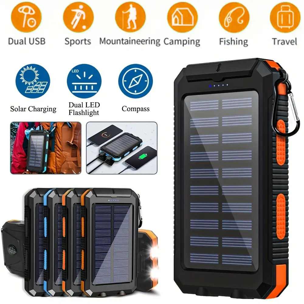 Portable 10000Ah USB Solar , Dual 5V USB Ports Output, Durable Camping External Backup Battery Pack with Dual Super Bright Flashlights, Compass