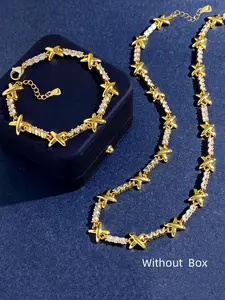 Women's Elegant Rhinestone Decorated Necklace & Bracelet, Exquisite Trendy Jewelry Set, Chic Jewelry Set As Gift for Girlfriend, Zirconia Jewelry Set, Glamour Set