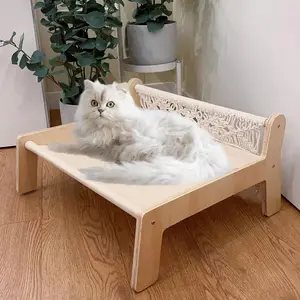 Boho Cat Hammock Bed - Macrame Elevated Cat Bed for Indoor Cats, Free-Standing Breathable Cat Chair, Wooden Cat Swing Bed Pet Furniture Gift for Cats and Small Dogs, Beige
