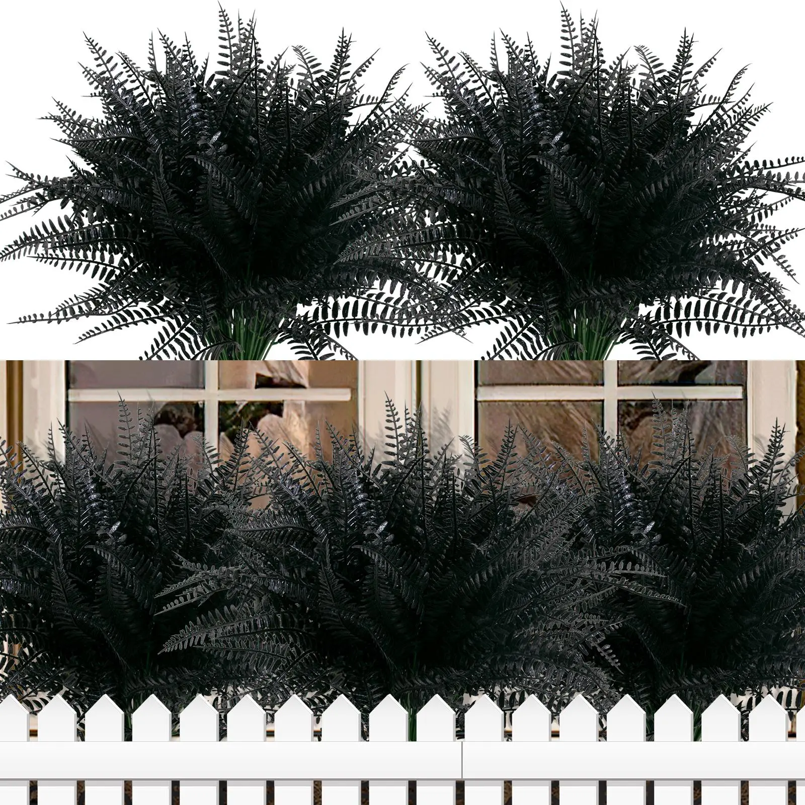 12 bunches of Persian grass, black, outdoor UV-protected fake plants, Fake Greenery Plants, artificial plastic grass, for hanging flower pots, exterior porches, vases, home window decorations, Halloween decorations, Outdoor Faux Plants