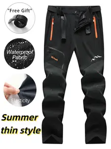 Outdoor Function Print Fleece Pants, Soft Shell Colorblock Waterproof Windproof, Knee Reinforced, Multiple Zip Pockets, Belt Included, Hiking Pants, Sporty Trousers