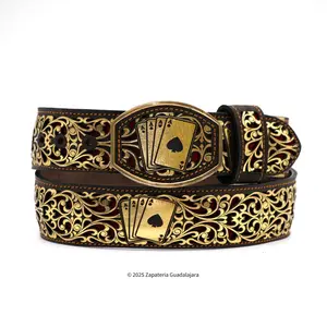 MEN'S WESTERN 2" LASER 4 GOLDEN ACES LEATHER BELT -M308