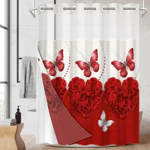 1pc hookless shower curtain with buckle lining, spring red rose and white butterfly design, 2D flat printing, fabric waterproof lining, see-through double-layer shower curtain, 71 x 74 inches, Bathroom Shower Curtains, Bathroom Supplies