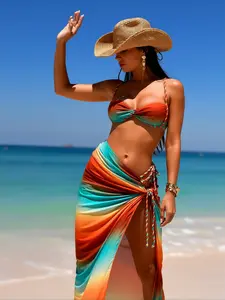 Tropical Style Ombre Rainbow Print 3 Piece Bikini Set with Sarong Cover Up Surfing Beachwear