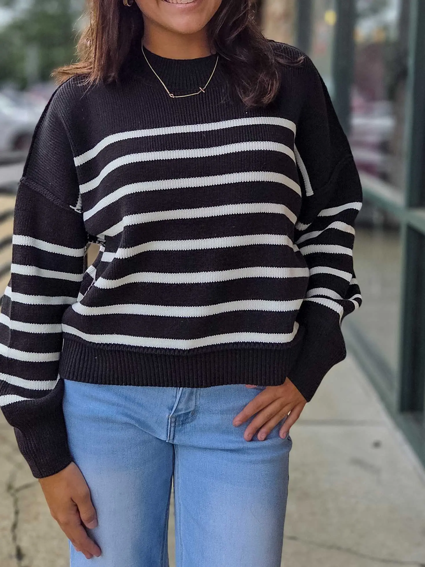 Zenana Women's Black/White Striped Long Sleeve Crew Neck Ribbed Knitwear - Oversized, Lightweight Breathable Cotton Blend Fabric Pullover for Casual Everyday Wear