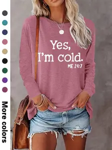 Women's Letter Print Round Neck T-shirts, Casual Long Sleeve Crew Neck T-shirts for Spring & Fall, Fashion Women's Top for Daily Wear