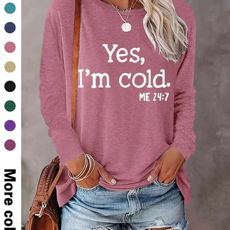 Women's Letter Print Round Neck T-shirts, Casual Long Sleeve Crew Neck T-shirts for Spring & Fall, Fashion Women's Top for Daily Wear