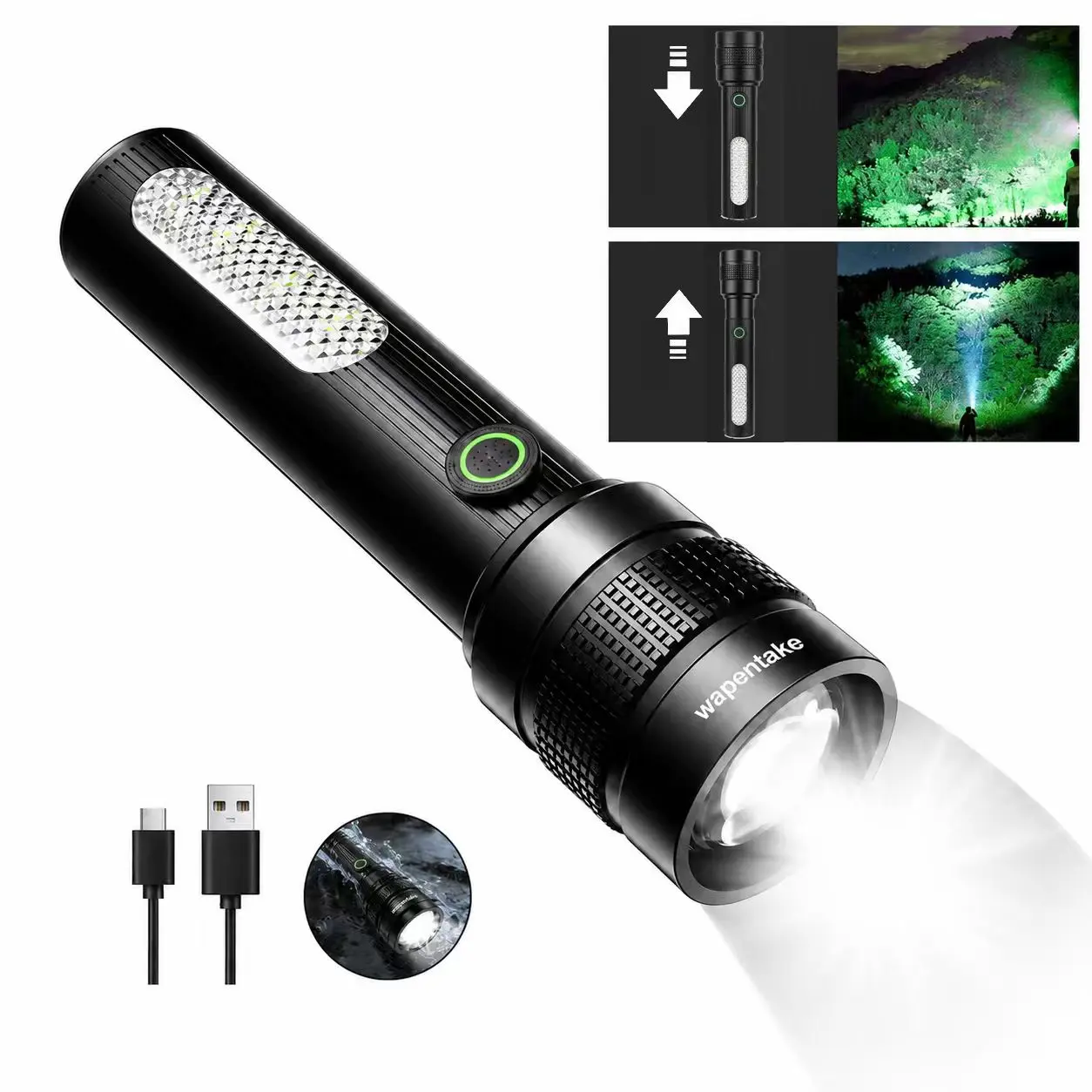 Tactical flashlight with rechargeable battery, adjustable zoom, IPX4 waterproof rating, brightness control, suitable for outdoor activities, emergency use, and camping accessories. Black color. DealsForYouDays – Outdoor Fun