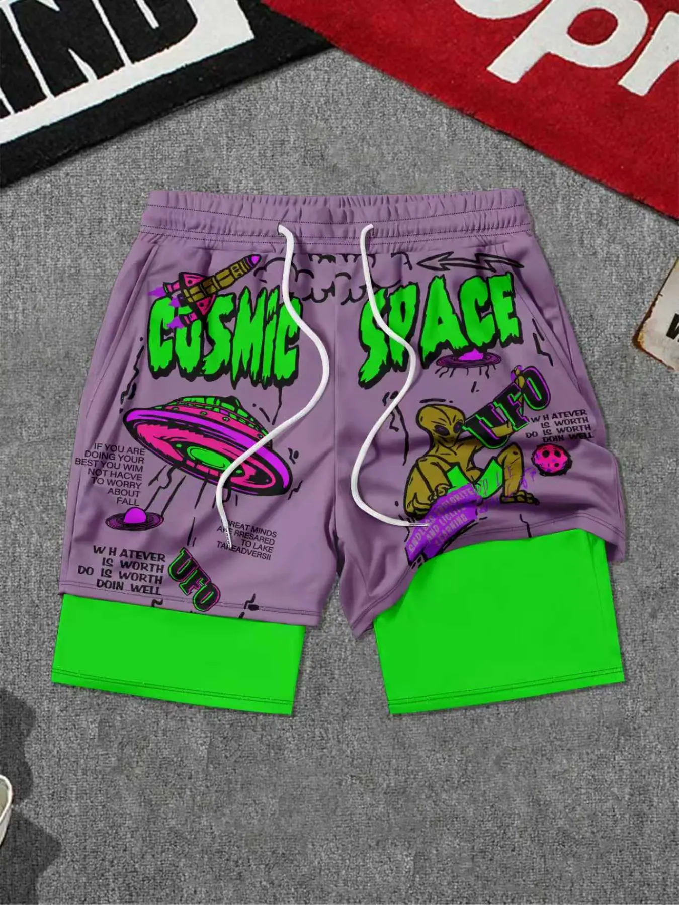 Men's 2-in-1 Liner Gym Shorts, Cosmic Space UFO Print Quick Dry Lightweight Workout Shorts with Phone Pocket, Casual Summer Running Athletic Shorts, Cartoon Graphic Fitness Shorts