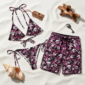 Matching Swimwear for Couples Bikini Set & Swim Shorts – Gothic Skull Mcbling Y2K Beachwear Set, Alternative Streetwear Summer Outfit, Trendy Couple Swimwear Fashion Set