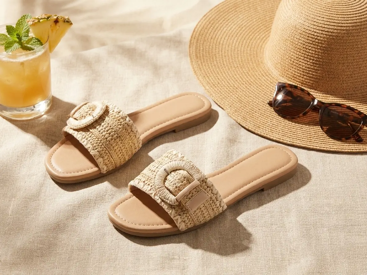 Women's ESYAZO Natural Straw Woven Raffia Open Toe Flat Slide Sandals - Premium Buckle Design, Casual Slide-On Resort Footwear
