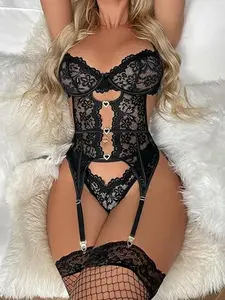 2026 4pcs Women's Floral Lace Mesh Lingerie Set Teddy BabydollBodysuit with Garter Belts,Valentine's Day Gift,MinimalistBasic Nightgown Sleepwear Party Soft
