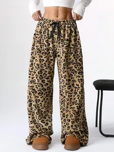 Women's Winter Leopard Print Fleece-Lined Wide-Leg Pants, Cozy Soft Fleece Fabric, Tie-String Fluffy Leopard Elastic Waist, For Home Relaxation & Casual Outings, Casual Streetwear Pants