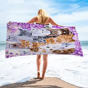Flower Cat Print Camping Towel Pool Towel Beach Towel , Soft Absorbent, Sand-Resistant, Ideal for Beach & Pool, Reusable, Perfect for Vacation