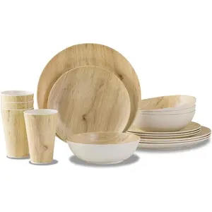 16 Pcs Melamine Dinnerware Set Service for 4,Woodland Melamine Plates Set with Bowls and Cups,Non-breakable Lightweight Dining Tableware Indoor and Outdoor use,Dishwasher Safe,Wood grain Charger Reusable Beaded Round Matte Stoneware snack