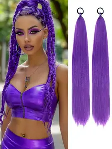 Purple Pre Stretched Synthetic Braiding Hair Braid Ponytail Extension with Elastic Tie Straight Sleek Wrap Around Braid Hair Extensions Natural Soft Synthetic Hairpiece 26 Inch 2PS/Pack