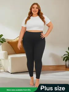Plus Size Solid Pocket High Waist Leggings, Casual Comfy High Stretch Skinny Pants for Women, Women's Bottoms for All Seasons