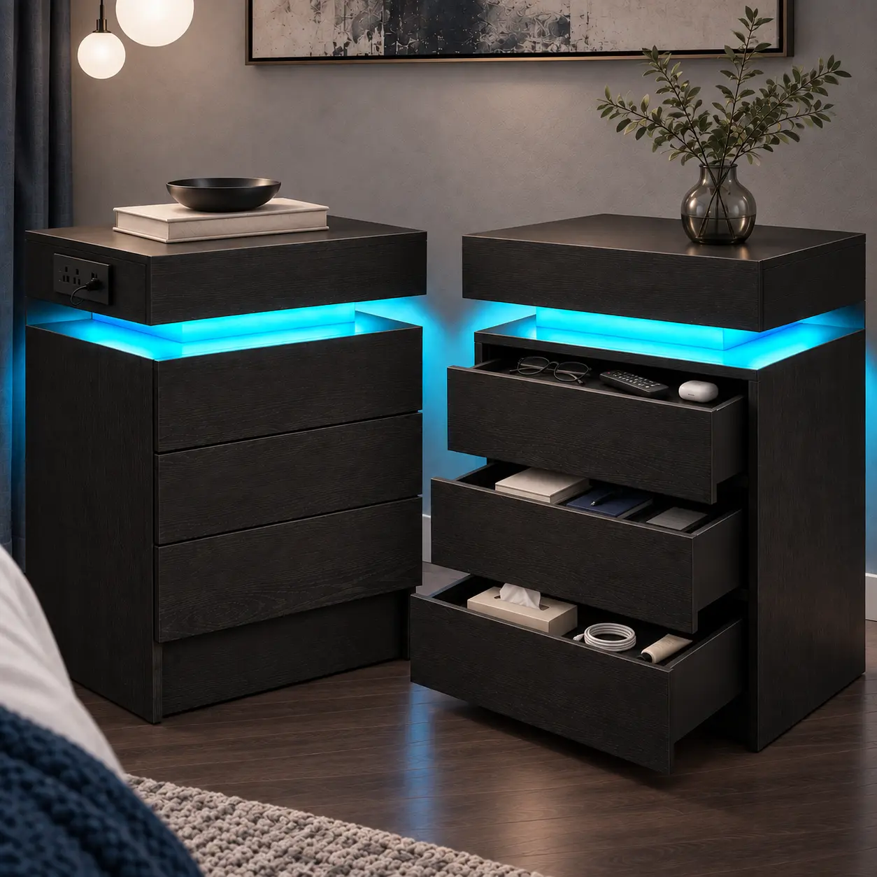 LIKIMIO Nightstand with Charging Station & LED Lights, Modern Bedside Table with 2- or 3-Drawer Options, Sliding Top, Standard Top or Lockable Top Drawer, End Table for Bedroom & Small Spaces Nightstand With Drawers