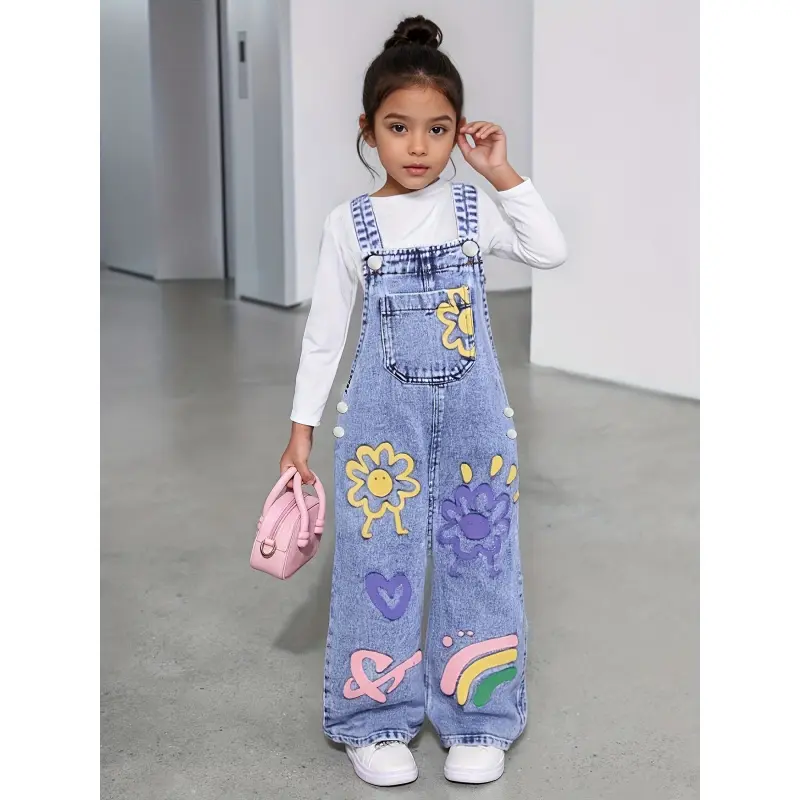 Faux Denim Overalls Featuring a Y2K Sunflower Print, Designed for Young Girls with a Loose Straight Cut.These Street-Style Fashion Overalls Come with White Straps And Are Perfect for Festivals And Back-To-School Outfits, for Outdoor