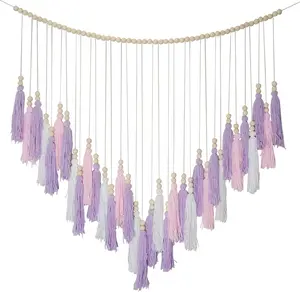& Purple Macrame Hanging Boho Wall decor, Purple Wall Decor for Bedroom Living Room Girls Room  Large Tassel Hanging with  Beads 41" W x 32" H