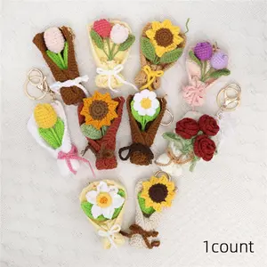 Handcrafted Crochet Sunflower Tulip Rose Flower Bouquet Keychain, Unique Yarn Accessory, Creative Handmade Bag Pendant for Gift Giving
