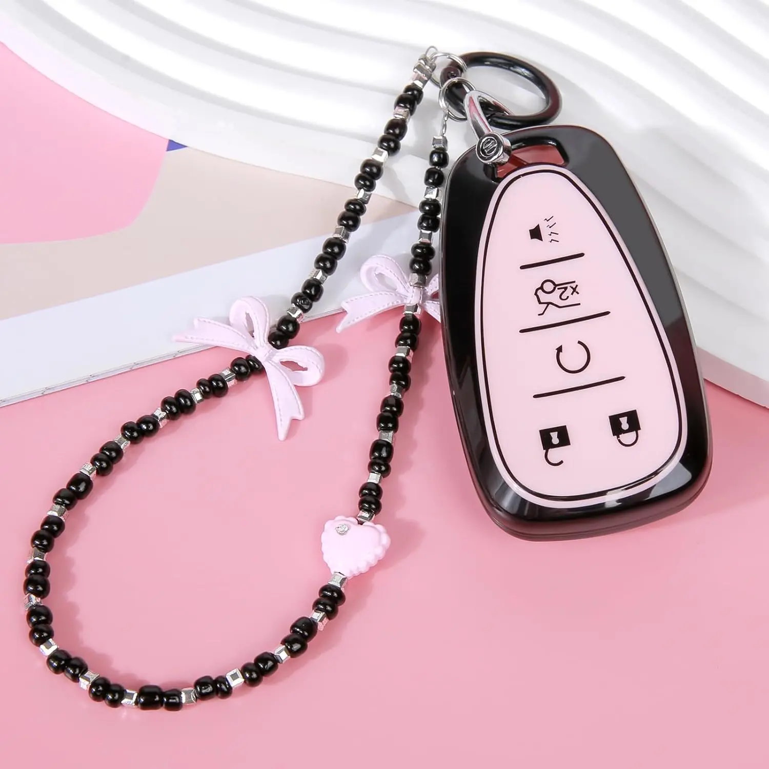 Compatible With Chevy Camaro Cruze Equinox Malibu Traverse Blazer Volt Bolt Sonic Trax Chevrolet Accessories Shell bow Keychain Protector girly car accessories black and pink Car Key Holder