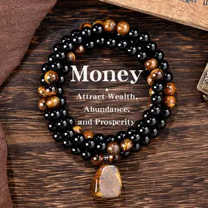 Unisex Long Sweater Chain Necklace, Tiger Eye & Obsidian Crystal Pendant, Money Attraction Healing Stone Jewelry for Anniversary, Vacation & Theme Parties Gifting