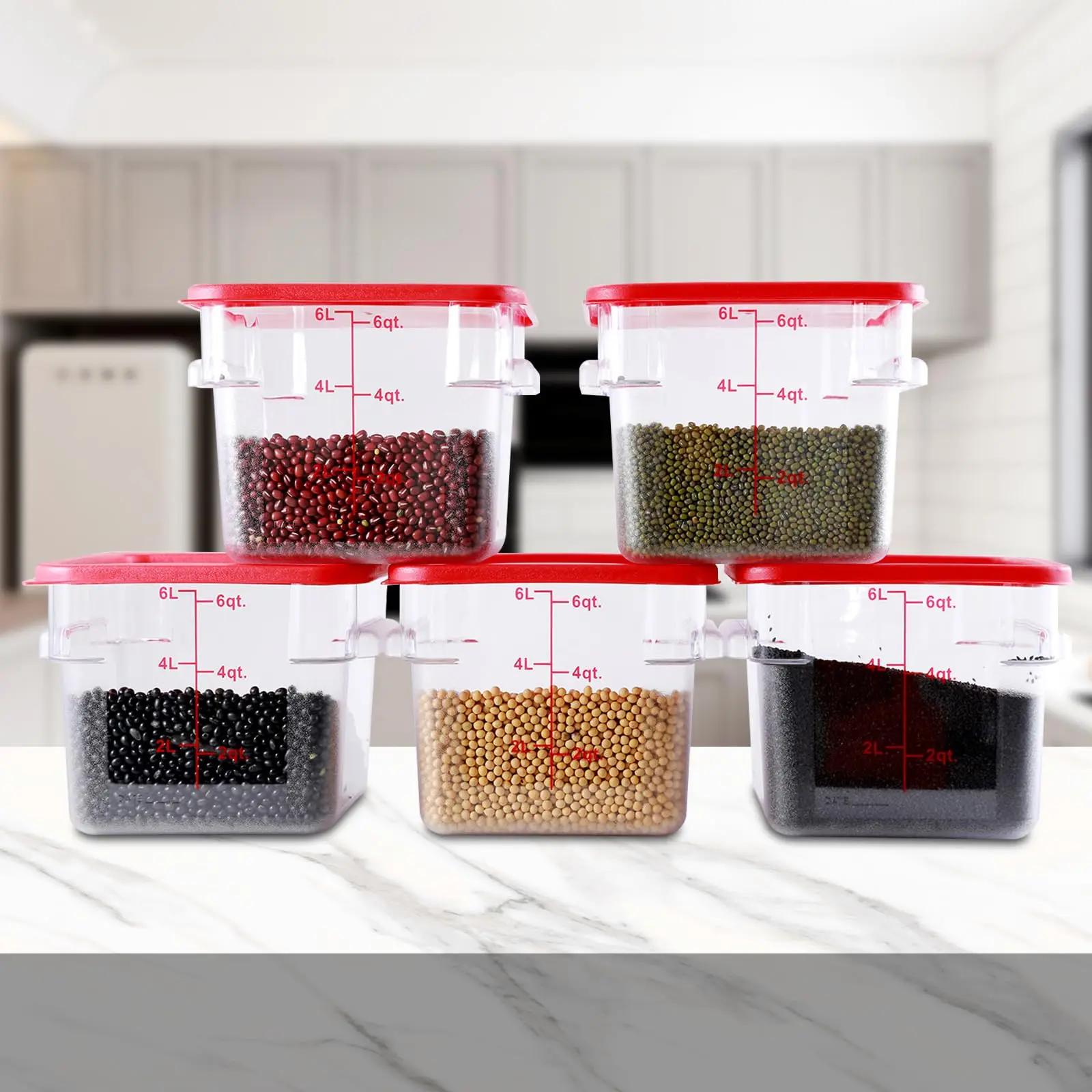 Hakka Kitchen Storage Containers - 5-Piece Commercial-Grade 6 Qt Square Polycarbonate Durable Plastic Set with Clear Lids