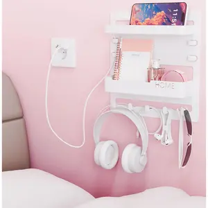 Bedside Wall Organizer for Dorm Bed,Rv,Small Room and Nightstand,Wall Mounted Floating Shelves and Bedside Shelf for Remote,Phone Holder, Shelf,Cute Bedroom Decor for College Girl,White
