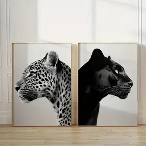 Fashion Magazine Posters Set with Wooden Frame Canvas Wall Art, Leopard Print Animal Portraits, Fun Bathroom Decor, Minimalist Gallery Art Canvas Prints