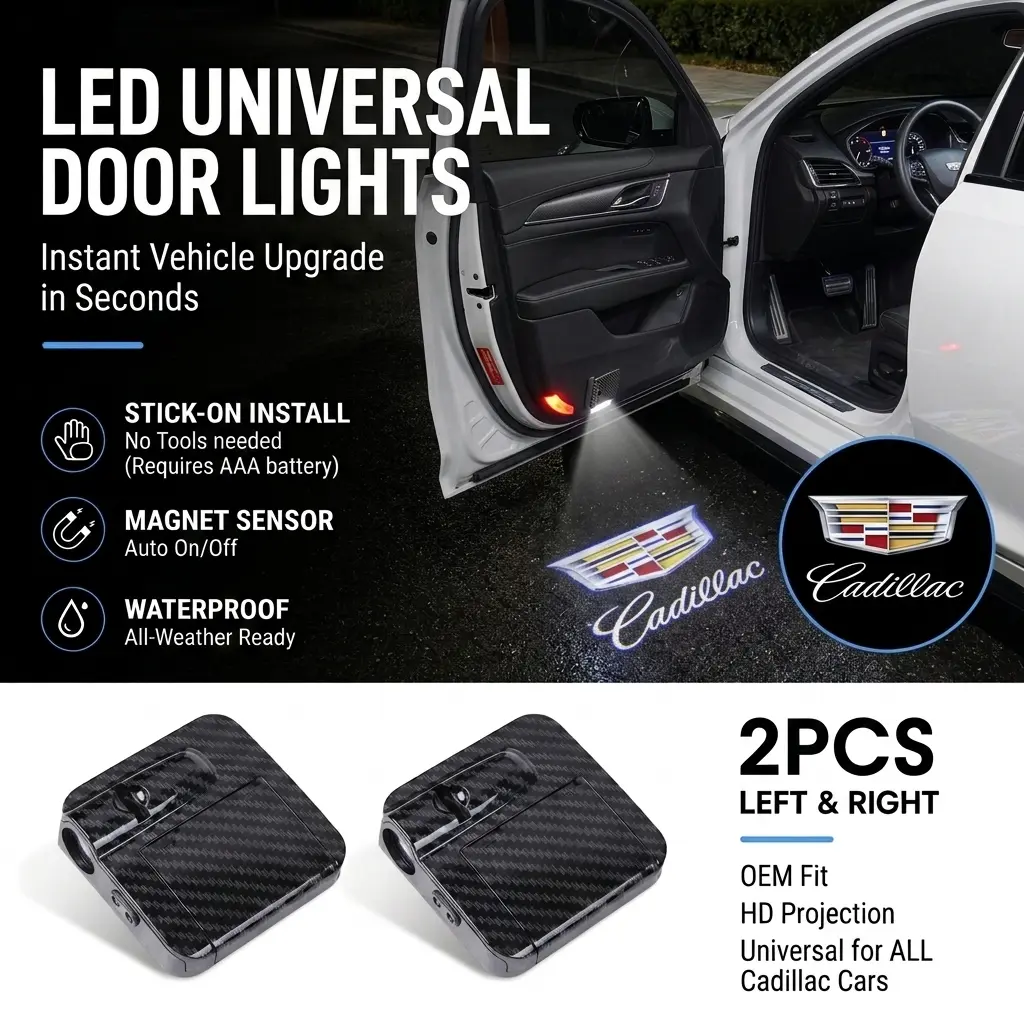 2PCS HD Puddle Lights Wireless & Universal Fit Carbon Fiber Door Projector for Cadillac, HD Logo Welcome Projector Lamp, Carbon Fiber No Wiring Stick-On Car Accessories, Fits All Models Escalade CTS ATS XT5 XT4