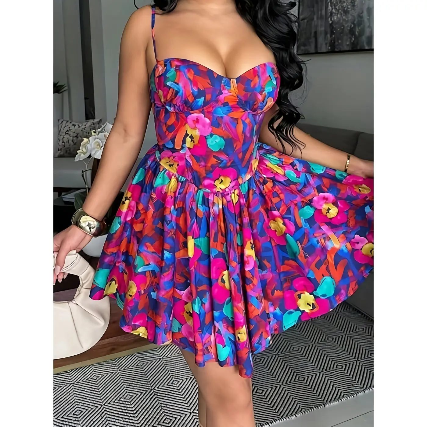 Casual Floral Print Skinny Shoulder Strap Sleeveless Girdle Vacation Party Pleated Mini Dress