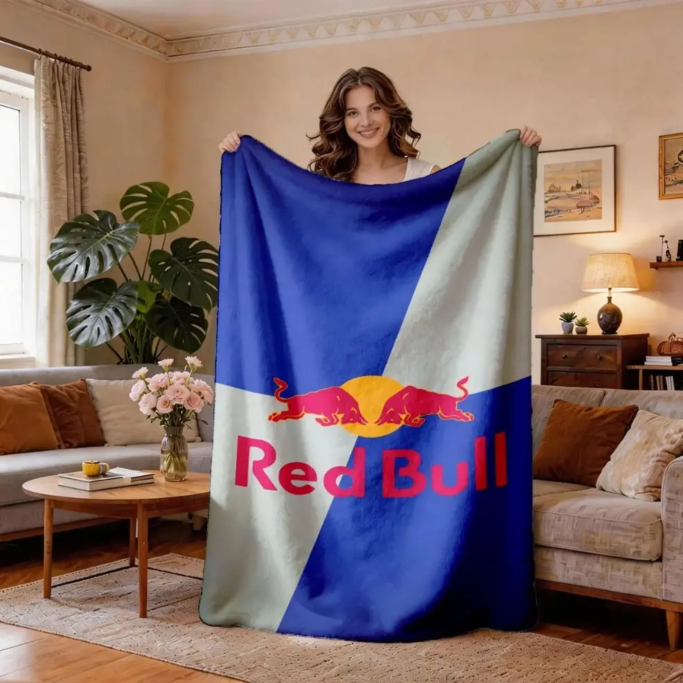 Red Bull Colorblock Logo Flannel Blanket, Soft Lightweight Throw for Gaming Sofas and Bedroom Lounging, Racing Energy Drink Graphic, Bold Red Blue Artwork, Motorsport Fans, Movie Nights, Statement Room Decor and Daily Rest