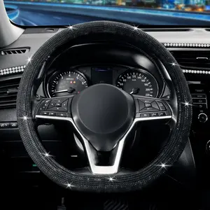 Flat Bottom Steering Wheel Cover, D Shaped  Wheel Cover 14 1/2-15 in. (37-39 cm), Bling Sparkly Rhinestones, Black with Black