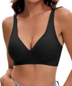 Deep V Bras for Womens Push Up Wireless Bralettes Low Cut Sexy Seamless No Underwire Padded Comfy Thirts Bra [Black]
