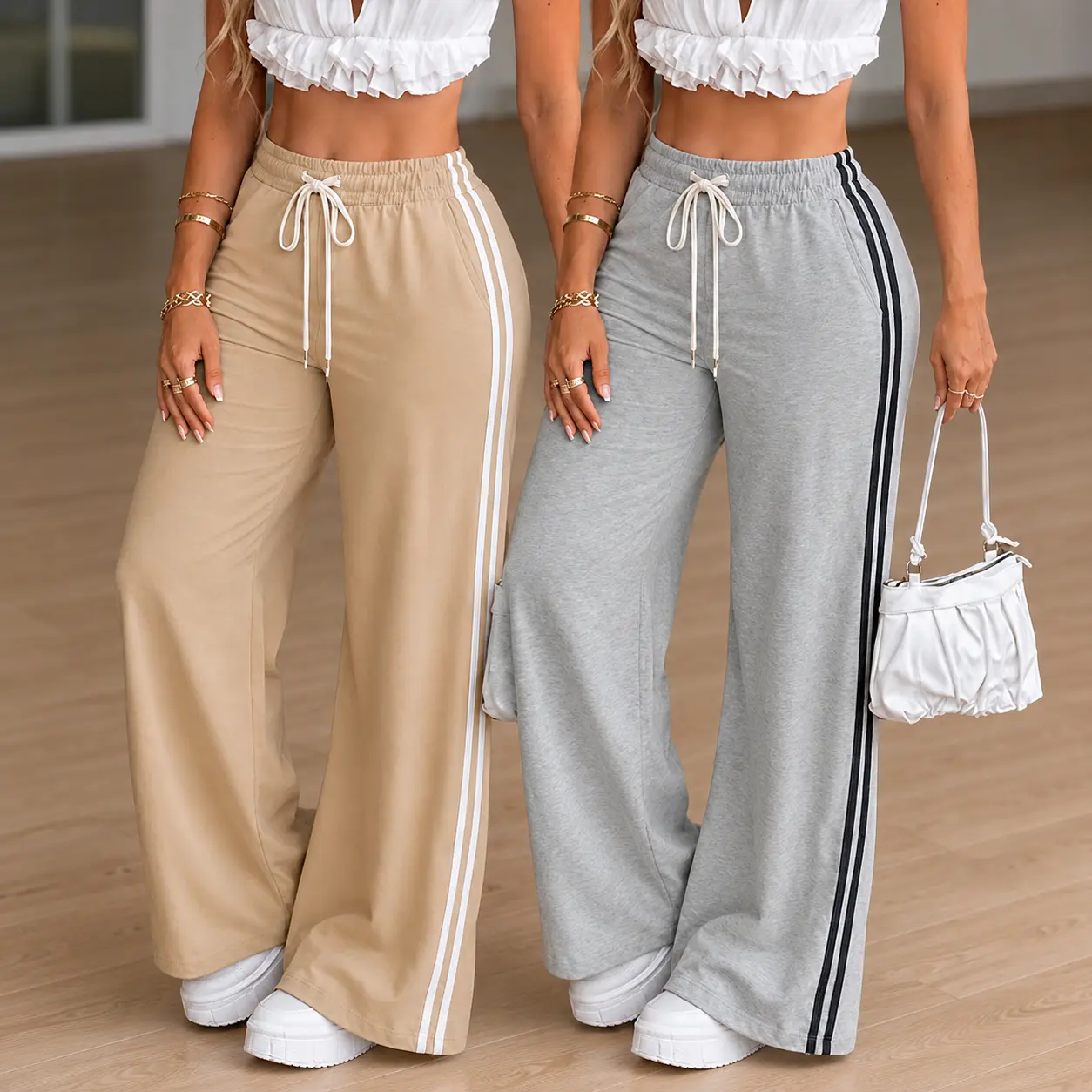 Women’s 2-pack polyester striped American retro straight high-street drawstring joggers — machine washable, casual loose skate street pants suitable for spring/summer; polyester pants, loose skate pants.