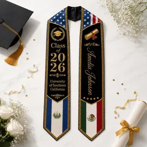 Custom Printed Three Flags Graduation Stole 2026, Mexico El Salvador USA Mixed Flag Grad Sash with Name, Triple Country Graduation Stole