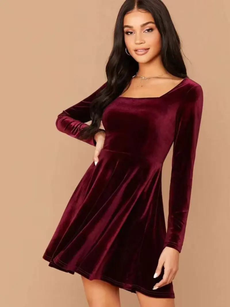 burgundy dress with tan boots Boat Neck Belted Mini Dress-Burgundy M main image 1