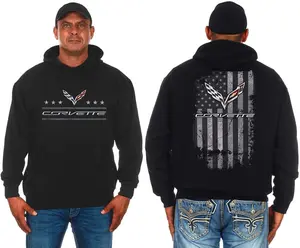 JH Design Mens Chevy Corvette Hoodie Distressed American Flag 2-Sided Sweatshirt Black with C7 Logo for Fans