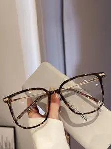 Fashion Trendy Large Square Frame Unisex Glasses, Versatile Metal Temple Leopard Pattern Eyeglasses for Men and Women, Stylish and Durable Design, Anti Blue Glasses, Square Frame Eyewear