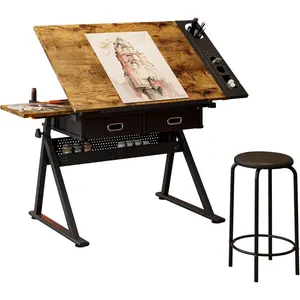 Height Adjustable Drafting Table, 0-75°Tilting Drawing Desk Artist Table w/Stool, Multifunctional Art Craft Workstation with 2 Storage Drawers for Home Office Reading, Writing, Crafting,Brown
