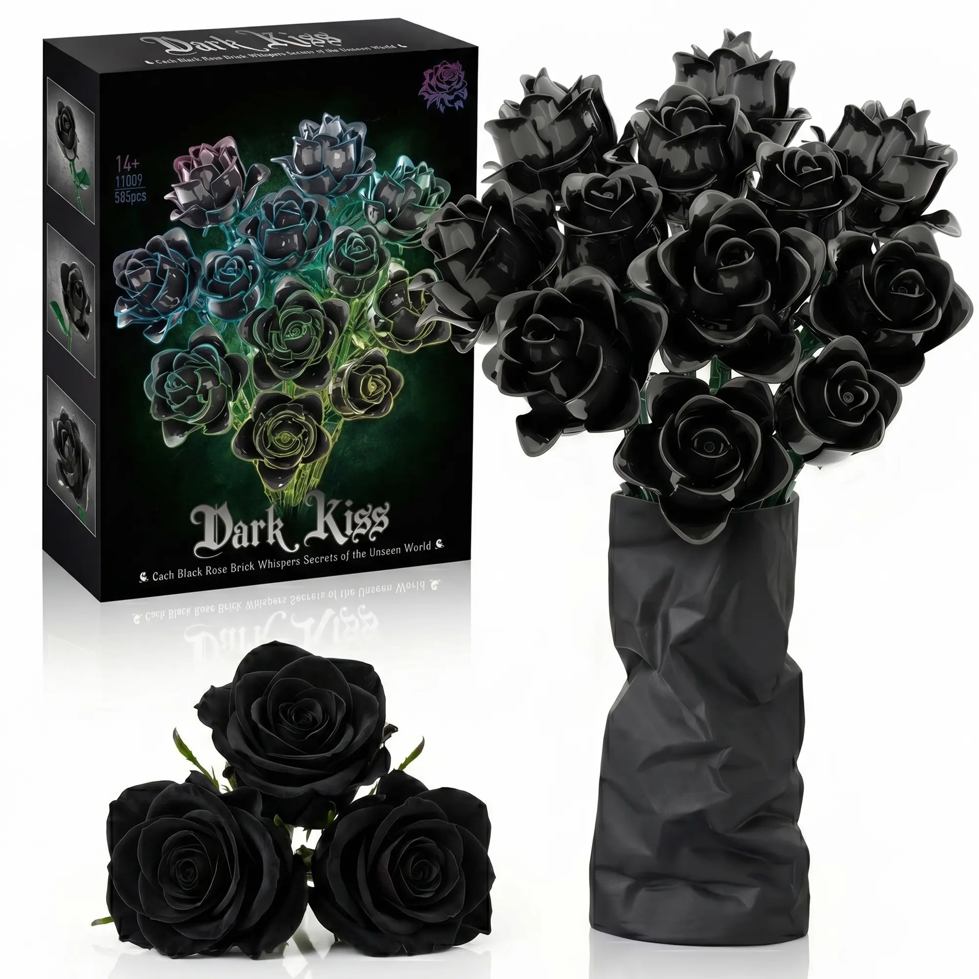 Gothic-Style Black Rose Flower Bouquet Building Set - Botanical Series Building Blocks, Nature Plants Floral Eternal Flower Decor for Vase Centerpiece, Ideal Gift for Women, Workbench Industrial Toy
