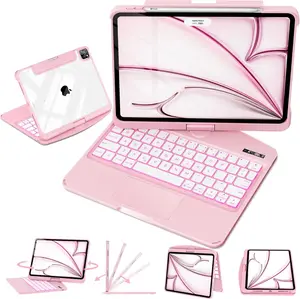 Blush Pink (Solid) Keyboard Case For iPad Pro 13/11inch – 360° Rotatable Multi-Touch Trackpad, 7-Color Backlit Keyboard, Transparent Back, Pencil Holder, Type-C Charging