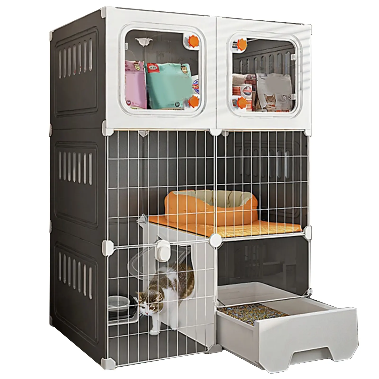 Household Indoor Cage with Cat Bed Cat Crate Indoor Catio Scratcher DIY Metal Wire Cat Kennel Cats Litter Box for Cats Villa