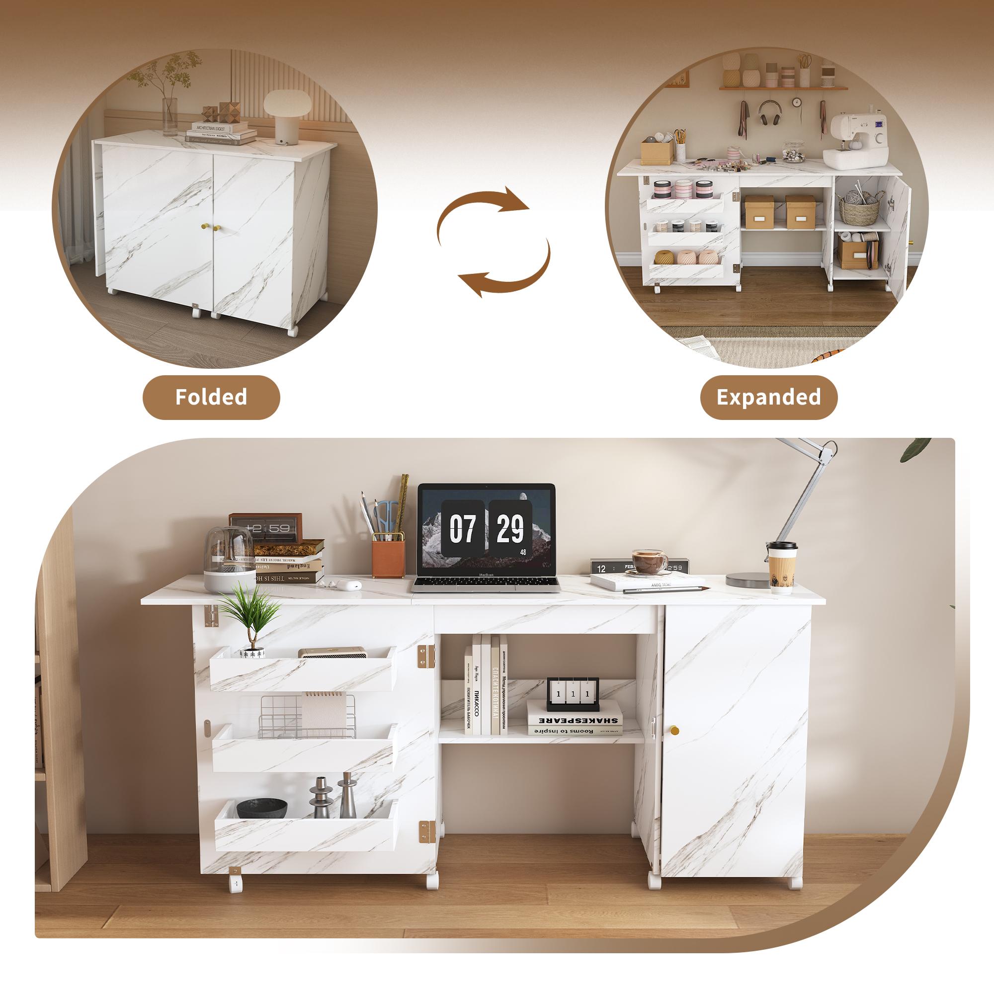 57.5"FoldableSewingMachineTablewithLockingCasters-Multi-StorageCraftStationDeskwithShelvesBinsCabinet,AdjustableSewingCabinetforHomeBedroomCraftRoom,SpaceSavingWhiteDeskforDormApartmentOffice,HobbyTableFurniture