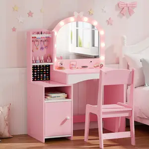 Kids Vanity, Girl Vanity Set with Mirror and Chair, 2 in 1 Toddler Makeup Vanity Table with Jewelry Storage, Wooden Princess Makeup Desk Dressing Table for Little Girls