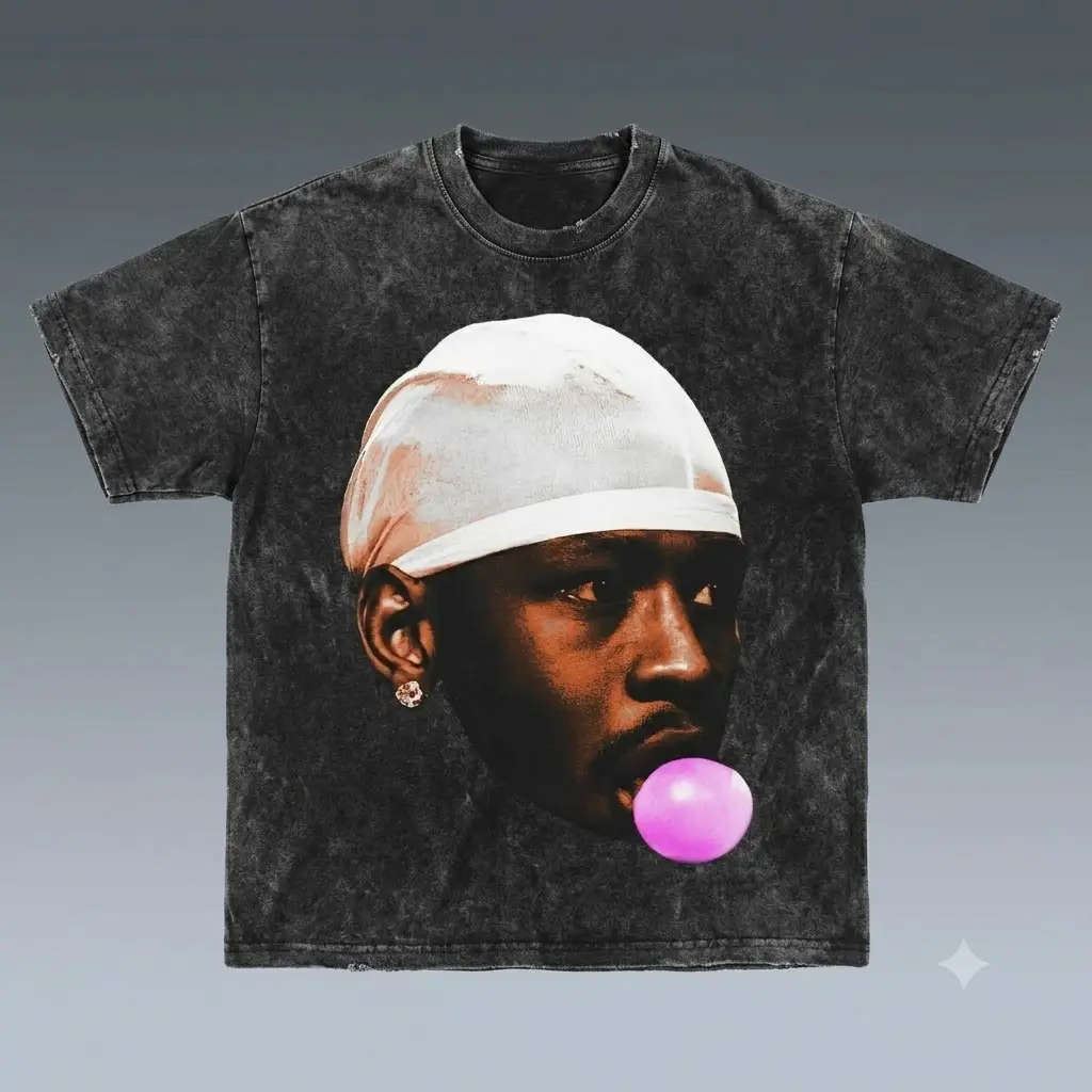Men's Distressed Acid Wash Black Oversized Short Sleeve T-Shirt - Retro Rodman White Durag, Pink Bubble Gum Vintage Basketball Hip Hop Aesthetic Streetwear Top, Menswear Apparel Garment, Shortsleeve, Cotton, Seamless