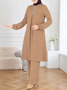 Women's Fashion Casual Elegant Solid Color Tunic Wide Leg Pants Two-Piece Set, Long Sleeve Loose-Fitting, All Seasons, Modest Style, Modesty, Muslim Abaya Hijab Set